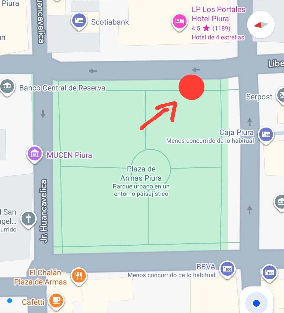 Mapa del punto de encuentro en la Plaza de Armas de Piura, calle Libertad frente al hotel Los Portales